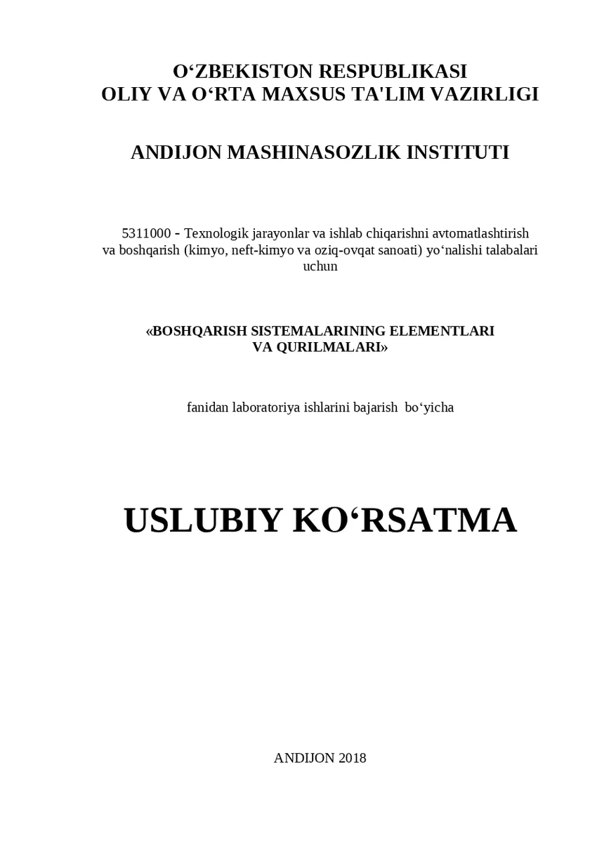 Мұқаба: Boshqarish sistemalarining elementlari va qurilmalari