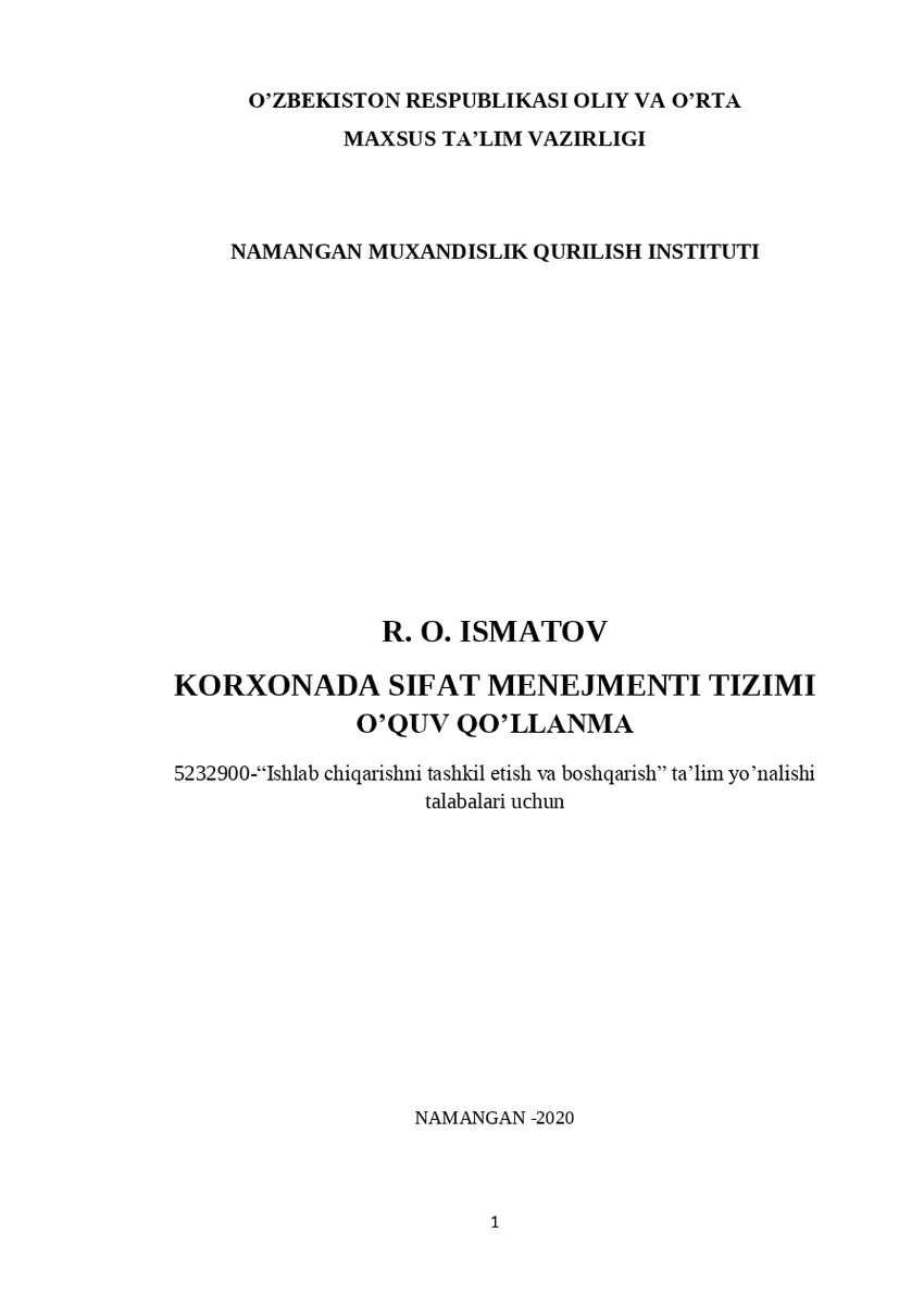 Мұқаба: Korxonada sifat menejmenti tizimi
