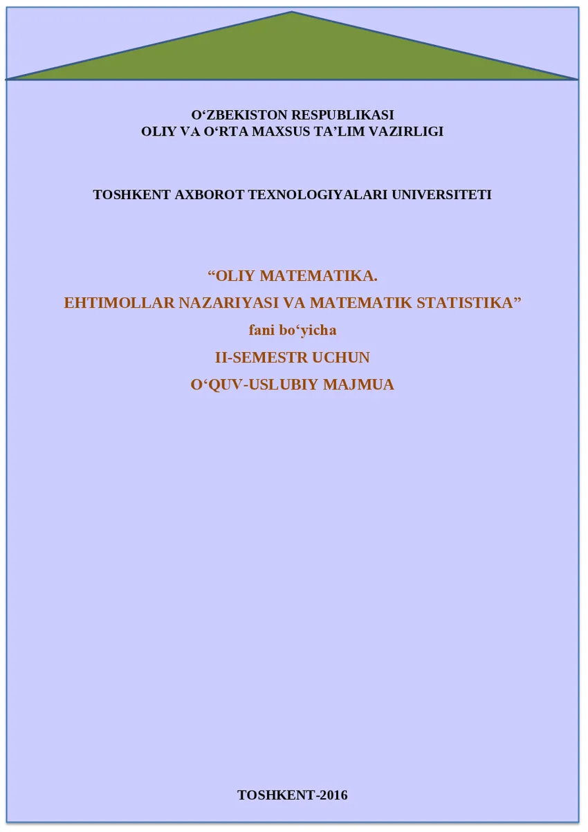 Мұқаба: Oliy matematika. Ehtimollar nazariyasi va matematik statistika (2 qism)